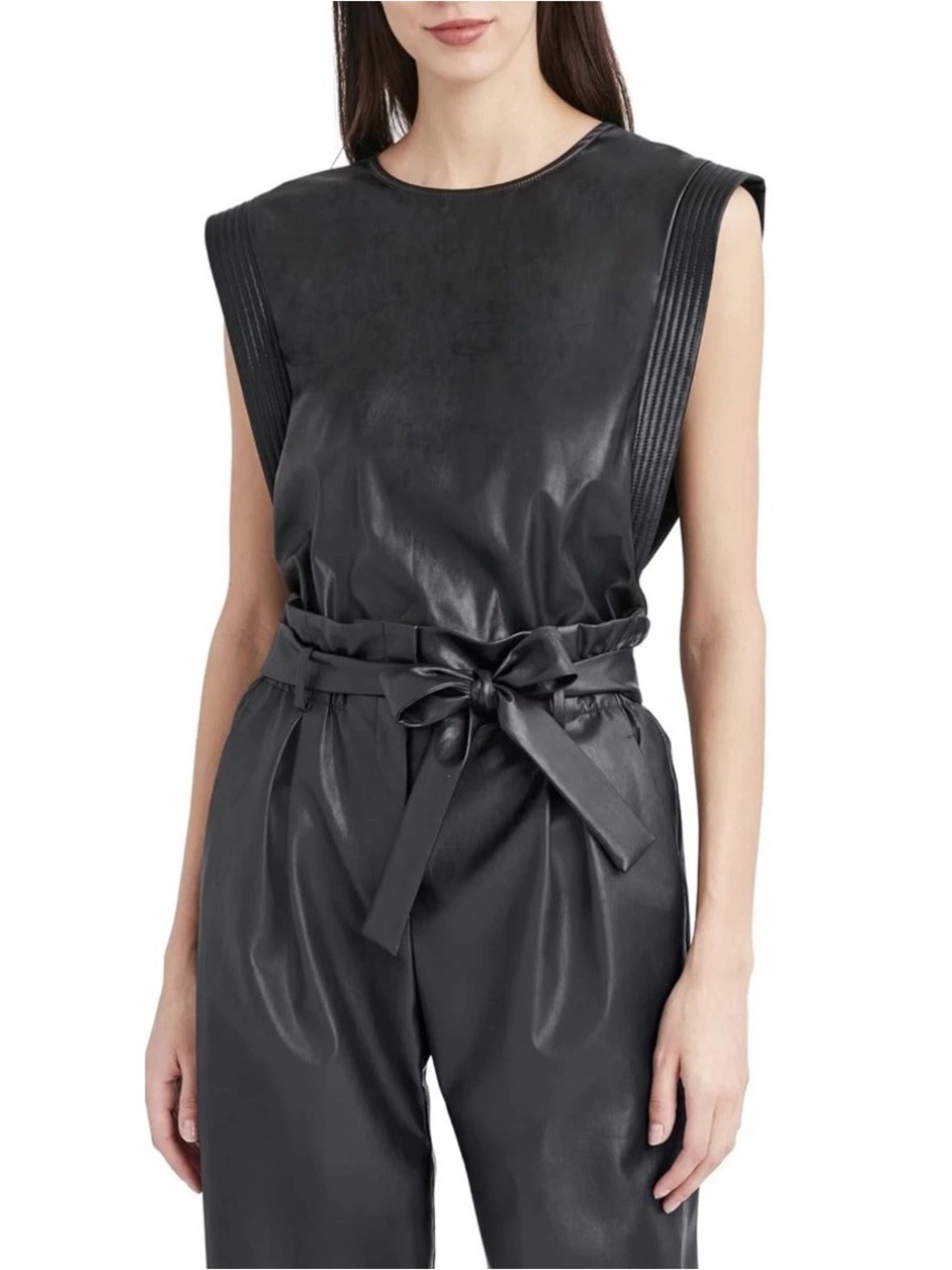 $168 BCBGMAXAZRIA Vegan Leather Black Tank Top Relaxed Stretch M